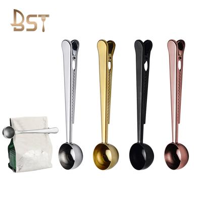 China Sustainable Food Grade Metal Coffee Scoop Gold Stainless Steel Coffee Milk Doser Scoop With Sealing Clip for sale