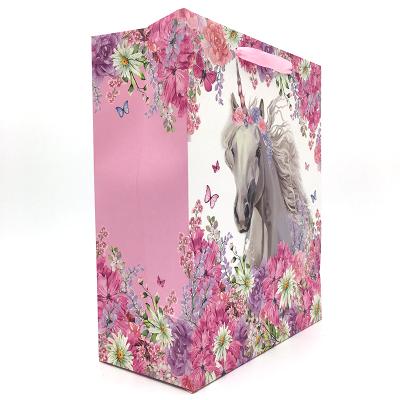 China Recyclable Custom Logo Printing Pink Creative Unicorn Birthday Kids Cartoon Packaging Paper Bag for sale