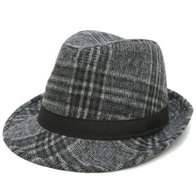 China Giant High Quality Short Picture Party Top Hat Brim Leather Strap Plaid Felt Fedora Hat for sale