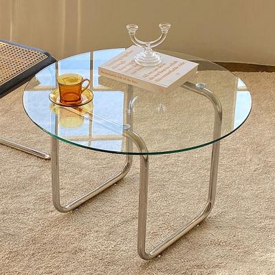 China Contemporary Simple Modern Living Room Furniture Cheap Silver Galvanized Tempered Glass Steel Metal Base Top Round Dining Coffee Table for sale