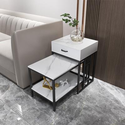 China Indoor Adjustable Living Room Small 2 Pieces Nesting Black White Marble Beam Rock Top Square Coffee Table Set With Storage Drawer for sale