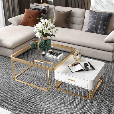 China (Other)Nordic Modern Adjustable Interlocking Gold And White Wrought Iron Square Marble Mirrored Tempered Glass Top End Coffee Tables On Sale for sale