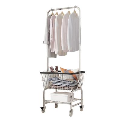 China Multi-Function Rolling Adjustable Metal Hanger Cart Movable Storage Basket Multifunctional Sliding (Other) Clothes Coat Rack With Shelves for sale