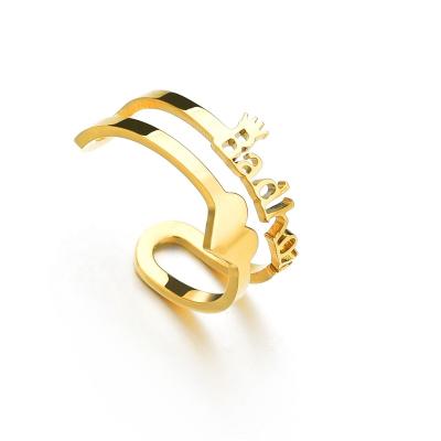 China TRENDY Wholesale Gold Stainless Steel Name Personalized Open Heart Crown Rings For Women Customized Name Letter Rings Jewelry Gifts for sale