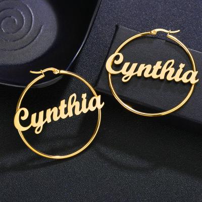 China Wholesale Price FASHIONABLE Custom Unique Kids Name Circle Hoop Earrings Korean 18K Gold Plated Stainless Steel Personalized Earrings For Women for sale