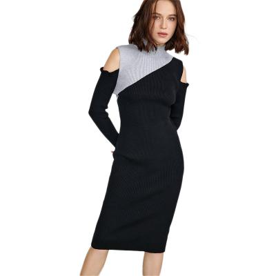 China Custom Design Color Matching Cotton Anti-Wrinkle Fashion Nylon Ribbed Knitted Sweater Dress Custom Knit Sweater Women for sale