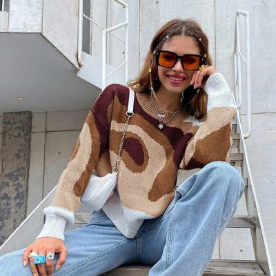 China Custom Color Anti-Wrinkle Cloud Block Flower Pattern Casual Long Sleeve Jumper Pattern Graphic Pullover Loose Knit Women's Sweater for sale