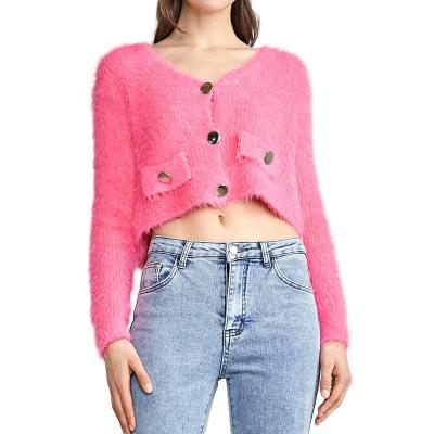 China Anti-Wrinkle Fuzzy Shaggy Fluffy Crop Fur Top Knitted Cardigan Designer Styles Customizable Soft Sweater Girls Sweater Sexy Cardigan Women for sale