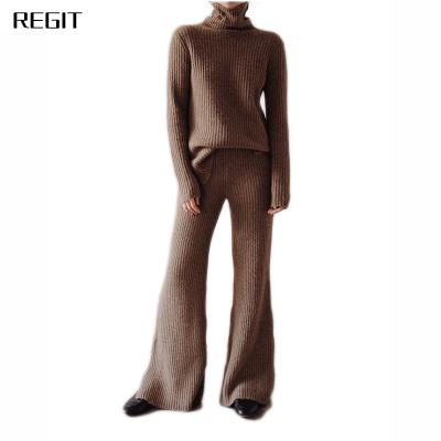 China custom Anti-wrinkle sweater two piece women knit wool rib top pants long sleeve high neck sweater 2 pieces set for women for sale