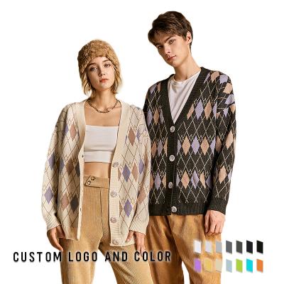 China Anti-Wrinkle Designer Sweater Men Luxury Heavy Jacquard Intarsia V-Neckline Cardigan Knitted Logo Embroidered Graphic Custom Men Sweater for sale