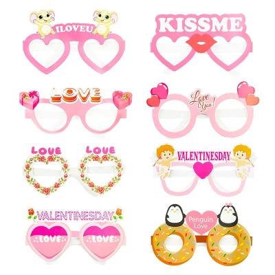 China 350gsm card 8pcs Pink Paper Glasses Happy Valentines Day 2023 Gift Idears Party Decoration Accessories Photo Booth Props Penguin Love for sale