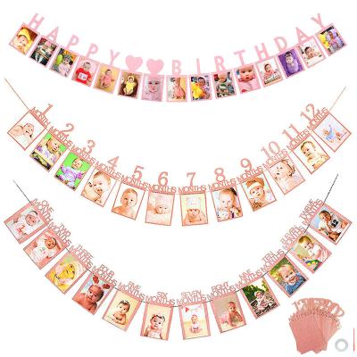 China 1-12 Months Baby Boy Girl First Party Decorations Banner Happy Birthday Frame Photo Card My One 1st Year Newborn Garland for sale