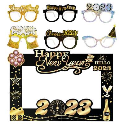 China 350gsm 6pcs Card Glass Photo Paper View 2023 Happy New Years Eve Party Decorations for Home Fancy Family Props Christmas for sale