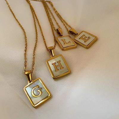 China Women's Rectangle White Shell Alphabet Stainless Steel Custom Letter Necklaces TRENDY 18k Gold Plated A-Z Initial Necklace For for sale