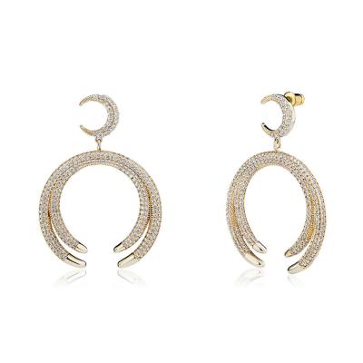 China Fashionable Luxury Personality Exaggerated Double Moon Hip Hop Earrings Diamond Earrings New Design Full Zircon Moon Stud Earrings Women for sale