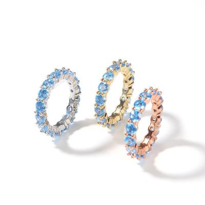 China Trendy Luxury Iced Out Couples Ring Rose Gold Plated Diamond Ring Men Women Hip Hop Zircon Jewelry Outlet Baby Blue for sale