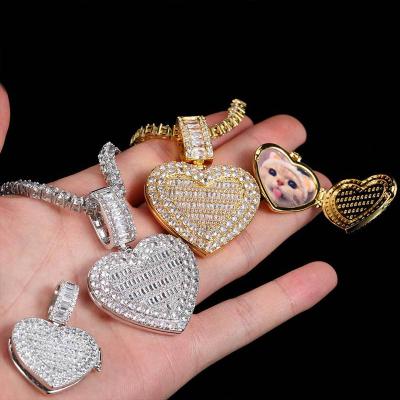 China Environmental Friendly Hip Hop Jewelry Two Sizes Heart Pendant Memory Pictures Custom Necklace Iced Out Diamond Heart Photo Necklace for sale