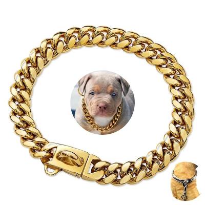 China 14mm Gold Plated Chunky High Quality Nickel Free Stainless Steel Cuban Link Dog Collar Pet Dog Collar Chain for sale