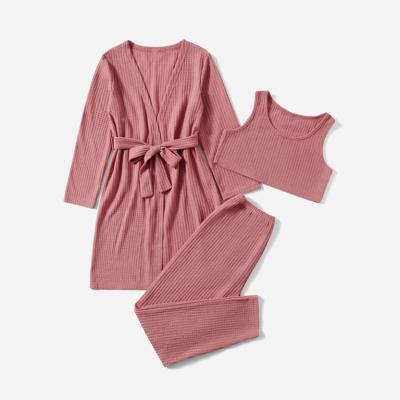 China 2022 Hot Sale Girls Breathable Solid Breathable Robe Set Three Packs Robe Custom Culture Waffle Sleepwear Main Tank 3 Pieces Sets Pants Children Pajamas Cotton for sale