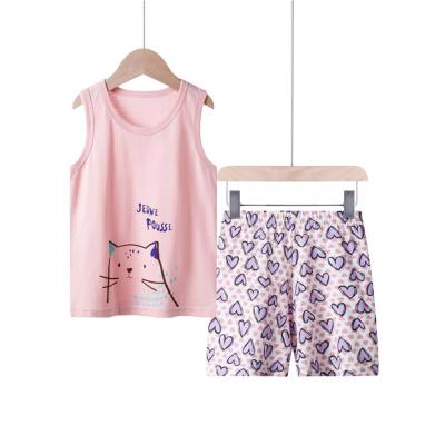 China Girls Breathable Cat Graphic Sleepwear New Style Breathable Summer Cute Toddler Top And PJ Shorts Set Cotton Kids Pajamas for sale