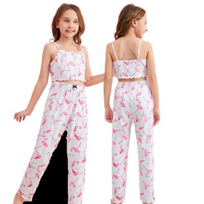 China 2022 New Style Breathable Cami Ruffle Hem Children Night Wear Prints Kids Little Girls Bamboo Pajama Set for sale