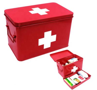 China Side Carry Handles Vintage Red Nice First Aid Metal Medicine Storage Box For Home Medicine Tin for sale