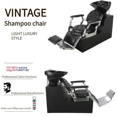 China Vintage Modern Black Shampoo Chair With Ceramic Wash Chair Superb Hairdresser Aluminum Quality Bowl Durable Barber Chair for sale