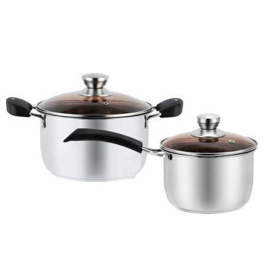 China 2pcs workable cookware set 22cm soup pot and 18cm milk pot thickened stainless steel compound bottom pot set with glass lid for sale