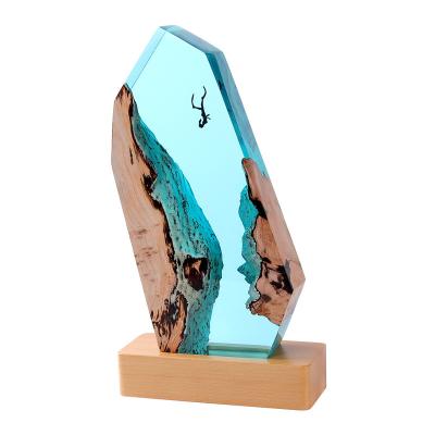 China Ocean New Design Creative Home Decoration Resin Table Lamp Epoxy Resin Wooden Base Led Lamp for sale