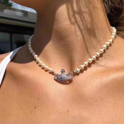 China CLASSIC White Pearl Women's Full Diamond Planet Pendant Necklace Female 925 Sterling Silver Simple Clavicle Choker for sale