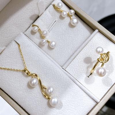 China New Design Gold Plated Real Freshwater Pearl Necklace Earring Pendant Ring Bridal Environmentally Friendly Freshwater Pearl Jewelry Set for sale