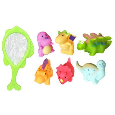 China Hot Selling Cartoon Dinosaur Sounding Toy Fishing Net Squeeze Bath Wetting Toys PVC Water Baby Bath Toys Spray Set for sale