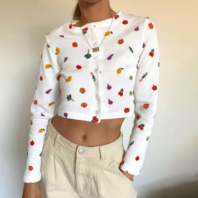 China New Autumn Thin All Match Button Print Breathable Single Breasted Women's T-shirt Hot Selling Fruit Top for sale