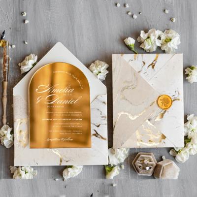 China Acrylic Shape Luxury Gold Europe Arch Mirror Wedding Invitations Customized Printed Invitation Card Design Kit With RSVP Envelope for sale