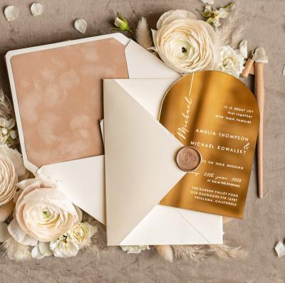 China Europe Luxury Acrylic Mirror Wedding Invitation Card White Gold Ink Printing Invitations with Velvet Envelope and Detail Wedding Card for sale