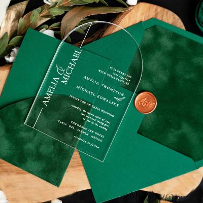 China Europe Creative Arch Shape Invitation Acrylic Wedding Cards White Ink Printing Invitations With Pocket And Dark Green Velvet Envelope for sale