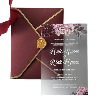 China Europe Ink Printing Invitation Card Flower Design White Transparent Plexiglass Acrylic Wedding Invitations With Envelope And Wax Seal for sale