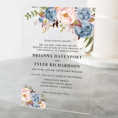 China UV Printed Floral Acrylic Invitations Europe Free Design Acrylic Clear Wedding Invitation Card with Envelope and Seal for sale