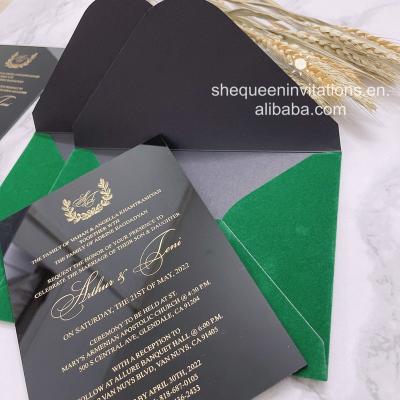 China Elegant Black Acrylic Europe Gold Foiling Invitation Card With Custom Design Dark Green Velvet Envelope for sale