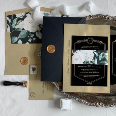 China Europe Gold Foil Black Acrylic Invitation Suite Luxury Wedding Invitations With Digital Printing Envelope And Custom Stamp for sale