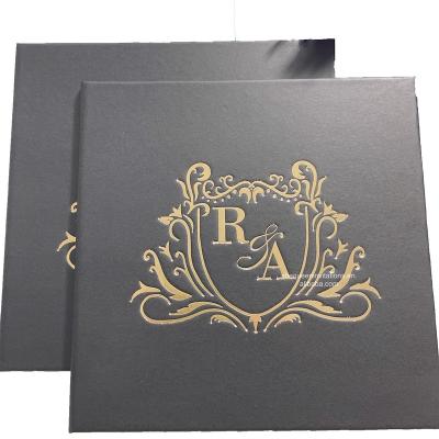 China Europe 15*15cm Pocket Fold Wedding Card Black and Gold Impressive Hardcover Booklet Invitation Kit with Customized Initial for sale