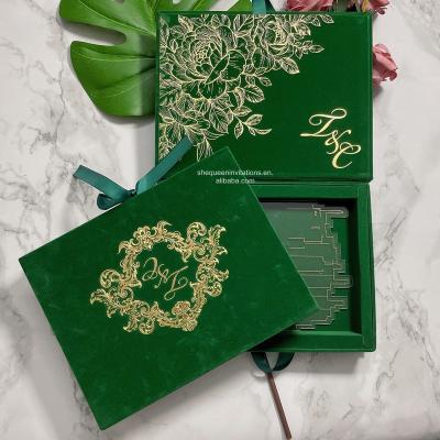 China Wedding Party Event / Advertising Customized Color Luxury Acrylic Wedding Gift Box Invitation Card With Dark Green Velvet Gift Box Kit for sale