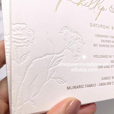 China Europe 5*7 Inches Cotton Paper Wedding Invitation with Gold Foiling and Custom Blind Foil Embossing Flower Decoration for sale