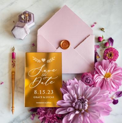 China Europe free design printing gold mirror acrylic card personalized luxury wedding save the date card with pink envelope for sale