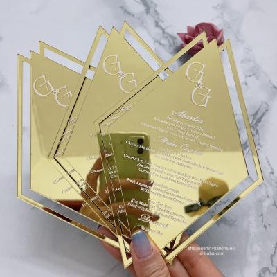 China Europe Laser Cut Acrylic Diamond Shape Menu Gold Mirror Menu Card With Original Custom White Ink Printing For Event for sale