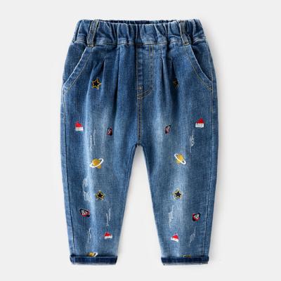 China PHB 14219 Breathable Cartoon Embroidered Cute Design Kids Boys Jeans Pants for sale