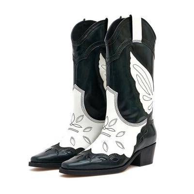 China Insulative 2020 new trend ladies two-tone embroidered leather black and white cowboy boots for sale