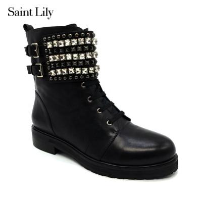 China Cushioning Crystal Decoration Natural Rubber Soles Boots Leather Genuine Leather Women Ankle Boots for sale