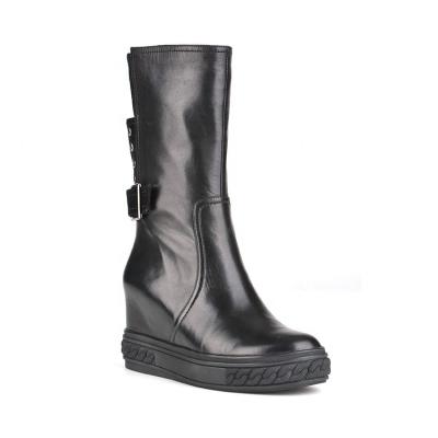 China Winter Round High Quality Modern Black Ladies Fashion Wedge Zipper Leather Ankle Boots for sale