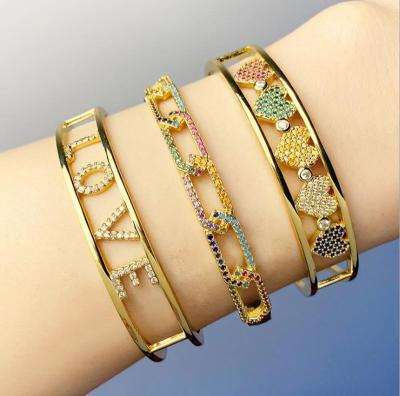 China New 2021 FASHIONABLE Zircon 18K Micro-inlaid Zircon Color Heart Bangle Letter LOVE Open Bracelet for sale